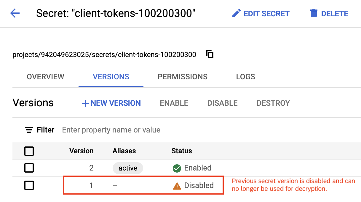 Previous secret version disabled